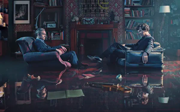 4K Ultra HD desktop wallpaper featuring Sherlock and Watson seated in a flooded, dimly lit room from the Sherlock TV series, surrounded by scattered books and papers.