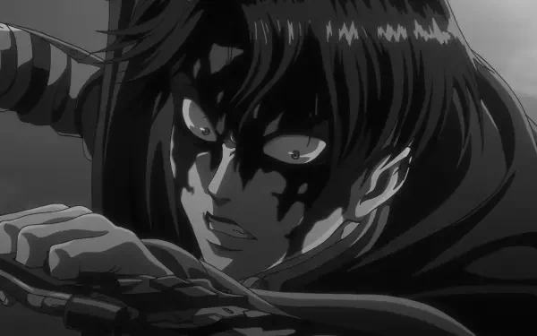 4K Ultra HD dark anime wallpaper featuring Levi Ackerman in intense moment from Attack on Titan, rendered in detailed black and white style.