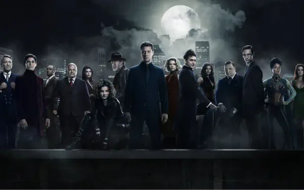 Group portrait of Gotham TV Show characters under a full moon, presented as an 8K Ultra HD PC desktop wallpaper with a dark, moody atmosphere.