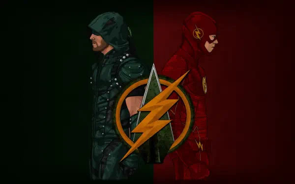4K Ultra HD desktop wallpaper featuring Arrow and The Flash standing back-to-back with their emblems merged in the center against a split green and red background.