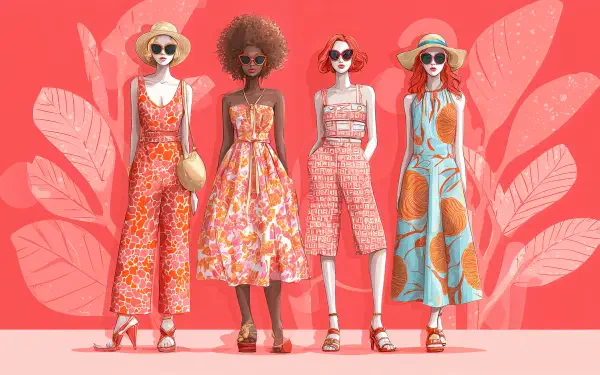 Four women in vibrant summer fashion stand against a pink leafy background, captured in a 4K Ultra HD PC desktop wallpaper and background.
