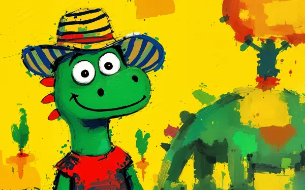 4K Ultra HD PC desktop wallpaper featuring a cheerful cartoon green dinosaur wearing a striped hat and red shirt against a vibrant yellow and orange background.