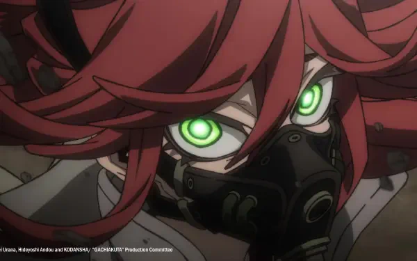 Close-up anime HD wallpaper of Riyou Reaper from Gachiakuta, featuring intense glowing green eyes and a dark gas mask.