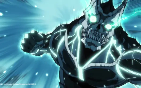 HD PC desktop wallpaper featuring Kafka Hibino from the anime Kaiju No. 8, glowing with intense blue energy in a dynamic action pose.