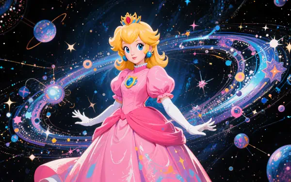 4K Ultra HD PC desktop wallpaper featuring Princess Peach in a pink gown, set against a vibrant cosmic background with swirling stars and planets.