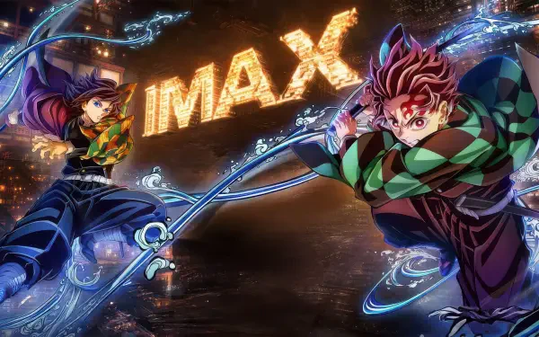 4K Ultra HD PC desktop wallpaper featuring dynamic characters from Demon Slayer: Kimetsu No Yaiba - The Movie: Infinity Castle with glowing IMAX text in the background.