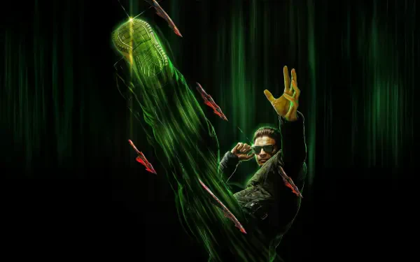 4K Ultra HD PC desktop wallpaper featuring a dynamic Mortal Kombat 2 (2025) character unleashing a green energy attack against a dark digital backdrop.