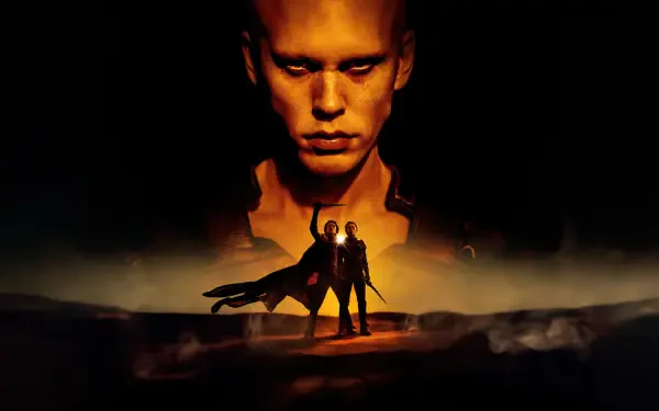 Dune: Part Two 8K Ultra HD PC wallpaper featuring a dramatic close-up face above two silhouetted figures in a desert landscape with dark, moody lighting.