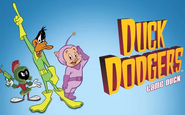 4K Ultra HD Duck Dodgers PC desktop wallpaper featuring Duck Dodgers, Porky Pig as Cadet, and Marvin the Martian in vibrant colors on a blue background.