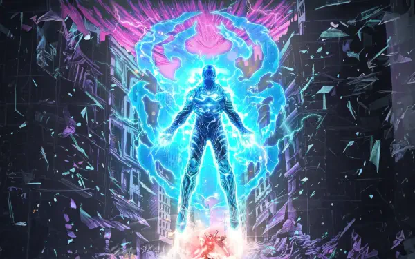 Blue Beetle in a radiant blue energy aura, silhouetted figure rising above a shattered city street with neon shards — 4K Ultra HD PC desktop wallpaper and background