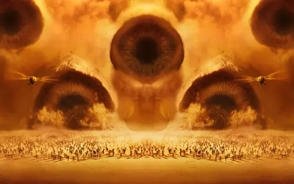 Dune: Part Two 4K Ultra HD PC desktop wallpaper — Arrakis scene of colossal sandworm maws breaching an orange sandstorm above legions of tiny figures on the desert plain.