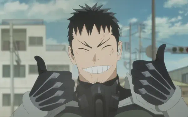 HD PC desktop wallpaper/background: Kafka Hibino from Kaiju No. 8 grinning and giving two thumbs up in anime style against a sunny urban street scene.