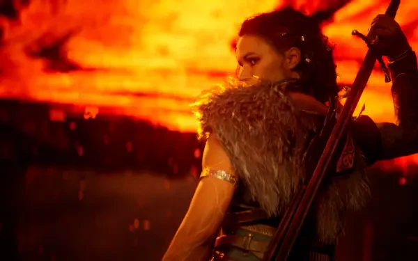 Video game 4K Ultra HD PC desktop wallpaper and background: Echoes of the End — warrior in fur armor holding a spear against a molten orange sky.