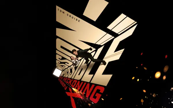 4K Ultra HD PC desktop wallpaper for Mission: Impossible – Dead Reckoning Part One: angled title logo, lone action figure falling through light beams and sparks on a black background.