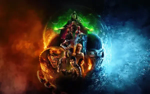 Mortal Kombat 1 (2023) 4K Ultra HD PC desktop wallpaper: ensemble of fighters in a fiery orange vs icy blue yin‑yang swirl around a glowing green portal.