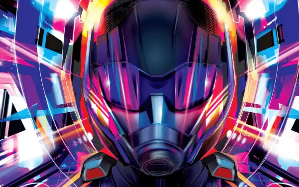 4K Ultra HD PC desktop wallpaper background for Ant-Man and The Wasp: Quantumania — neon-streaked close-up of a helmeted hero surrounded by vibrant pink, blue and white energy.