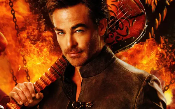 HD PC desktop wallpaper: Dungeons & Dragons: Honor Among Thieves — roguish hero with a lute over his shoulder, smoldering flames and a dragon emblem in the background.