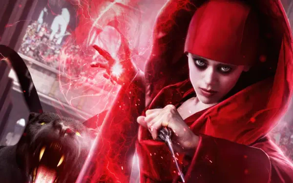 Dungeons & Dragons: Honor Among Thieves HD PC desktop wallpaper — pale red-hooded sorceress wielding crimson magic beside a snarling demonic wolf.