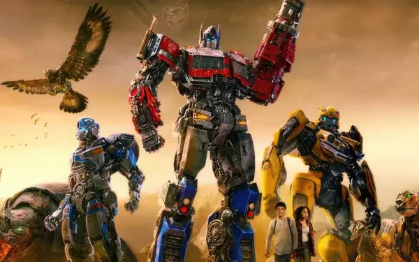 Transformers: Rise of the Beasts 4K Ultra HD PC desktop wallpaper: Optimus Prime, Bumblebee and another Autobot stand with two humans beneath a golden sky as a hawk soars.