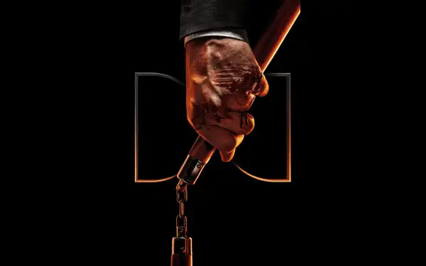 John Wick: Chapter 4 4K Ultra HD PC desktop wallpaper/background — close-up of a bloodied hand gripping a chained weapon against a dark backdrop with a subtle film logo.