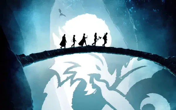 Dungeons & Dragons: Honor Among Thieves 4K Ultra HD PC desktop wallpaper and background — five silhouetted adventurers crossing a bridge before a glowing dragon-shaped cavern.