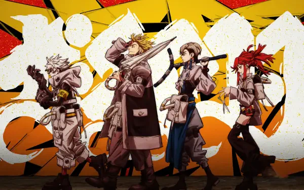 Gachiakuta 4K Ultra HD PC desktop wallpaper and background: four stylized anime characters in rugged outfits stride past a bold yellow, orange, and white graffiti mural.