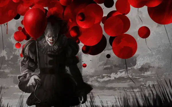 Pennywise looming amid red balloons over a desolate grayscale landscape — It Chapter Two 4K Ultra HD PC desktop wallpaper