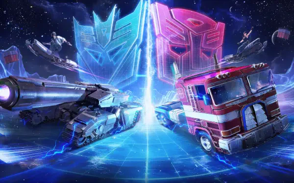 Transformers 4K Ultra HD PC desktop wallpaper and background — split scene with glowing Decepticon (blue) and Autobot (red) emblems, a jet and Optimus Prime truck facing off across a neon grid.