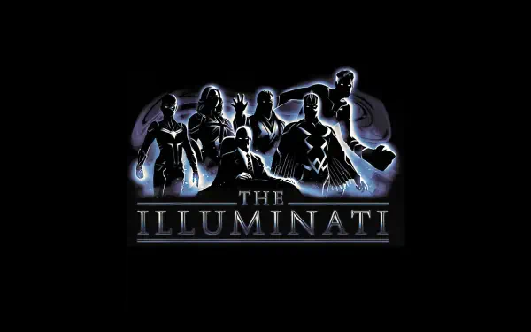 Dark 4K Ultra HD PC desktop wallpaper from Doctor Strange in the Multiverse of Madness, featuring a glowing silhouetted Illuminati line-up against a black backdrop with The Illuminati title.