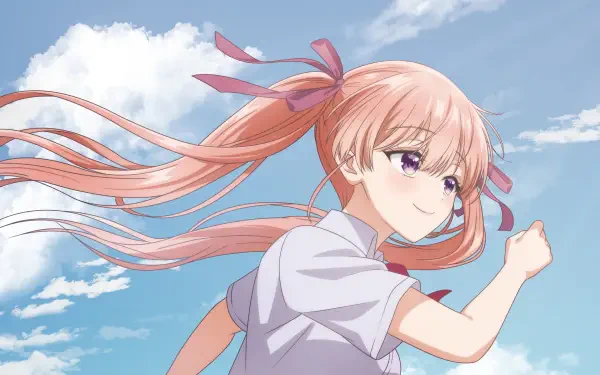 Erika Amano from A Couple of Cuckoos — pink-haired anime girl in a school uniform with ribbons, hair streaming in the breeze against a bright blue sky; HD PC desktop wallpaper.