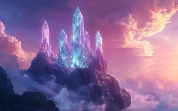 Fantasy crystal castle of luminous spires atop mist-shrouded cliffs beneath a pink-purple sunset — 4K Ultra HD PC desktop wallpaper/background.