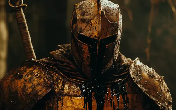 4K Ultra HD PC desktop wallpaper/background: fantasy knight in cursed, blood-dark golden armor, helmeted figure with a sword on his back, black ichor dripping in a shadowed hall.