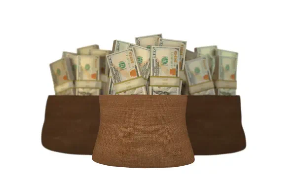3D HD PC desktop wallpaper: three money bags overflowing with one hundred dollar bills against a white background.