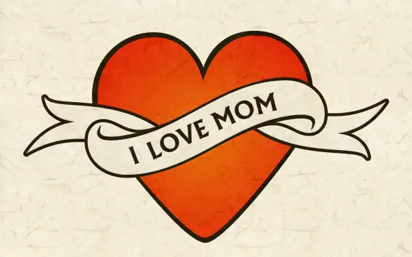 Vintage tattoo-style red heart with I LOVE MOM ribbon banner, sketch design; love/tattoo/love-heart motif — 8K Ultra HD PC desktop wallpaper background.