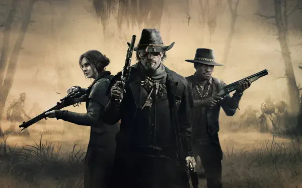 Hunt Showdown 4K Ultra HD PC desktop wallpaper: three armed hunters in a foggy bayou, central cowboy with pistol, grim swamp and silhouettes in the mist.
