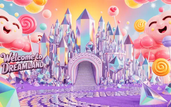 Vibrant 4K Ultra HD PC desktop wallpaper and background of a pastel crystal castle in a candy-themed dreamland, with smiling candy characters, lollipops and a Welcome to Dreamland sign.