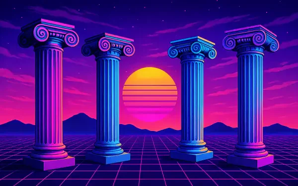 4K Ultra HD PC desktop wallpaper and background: neon retro scene of four glowing columns on a grid plane with a magenta-purple sunset and distant mountains.