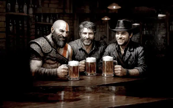 HD PC wallpaper: Kratos (God of War), Joel (The Last of Us) and Arthur Morgan (Red Dead Redemption 2) share beers at a dim, rustic bar in a stylized crossover scene.