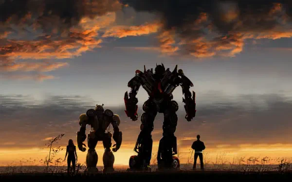 Bumblebee (movie) HD PC desktop wallpaper background: silhouetted Autobots and human figures stand on a field beneath a dramatic sunset and cloud-filled sky.