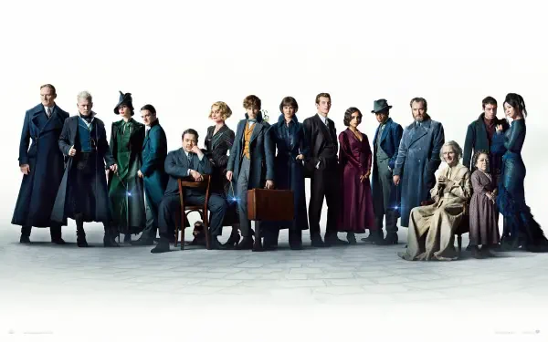 Ensemble of period‑dressed characters on a white backdrop — Fantastic Beasts: The Crimes of Grindelwald, 4K Ultra HD PC wallpaper