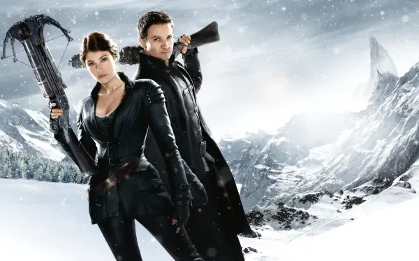 Hansel & Gretel: Witch Hunters 4K Ultra HD PC desktop wallpaper - two leather-clad hunters with crossbow and rifle stand amid a snowy, windswept mountain landscape.