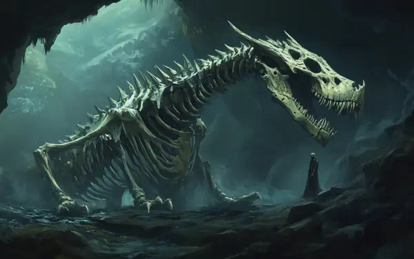 4K Ultra HD fantasy PC desktop wallpaper/background: a towering skeleton dragon arches through a mist-filled cavern while a lone cloaked figure stands nearby.