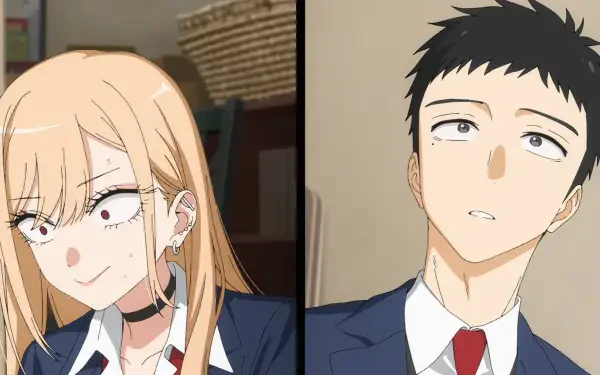 HD PC desktop wallpaper of My Dress-Up Darling anime featuring Marin Kitagawa and Wakana Gojo in school uniforms, split-screen close-ups with Marin smiling and Wakana looking surprised.