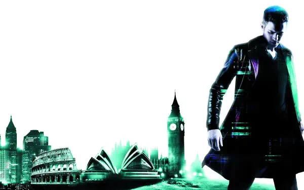 Jumper 8K Ultra HD PC desktop wallpaper and background: solitary figure in a dark coat with neon teal accents stands against white, with stylized landmarks (Big Ben, Sydney Opera House, Colosseum).