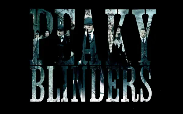 Peaky Blinders 4K Ultra HD PC desktop wallpaper: distressed large logo with shadowed Shelby gang silhouettes visible inside bold lettering on a stark black background.