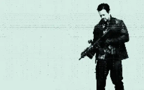 Mile 22 8K Ultra HD PC desktop wallpaper — gritty high-contrast image of a solitary man holding a rifle against a pale, textured backdrop.