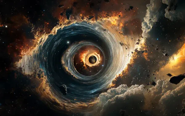Sci-fi 4K Ultra HD PC desktop wallpaper depicting a swirling wormhole ripping through fiery clouds, debris and cosmic light, drawing the eye into a bright central event horizon.