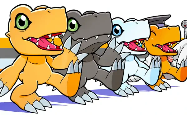 HD PC desktop wallpaper background: anime-style Digimon — four chibi Agumon (Digimon) lined up in bright, playful poses with bold colors.
