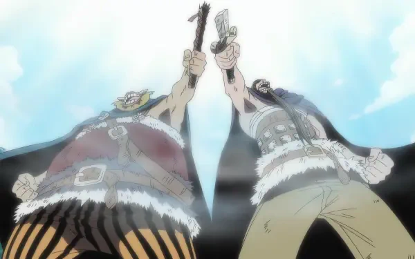 HD PC desktop wallpaper of One Piece giants Brogy and Dorry clashing swords overhead against a bright sky — anime background art.