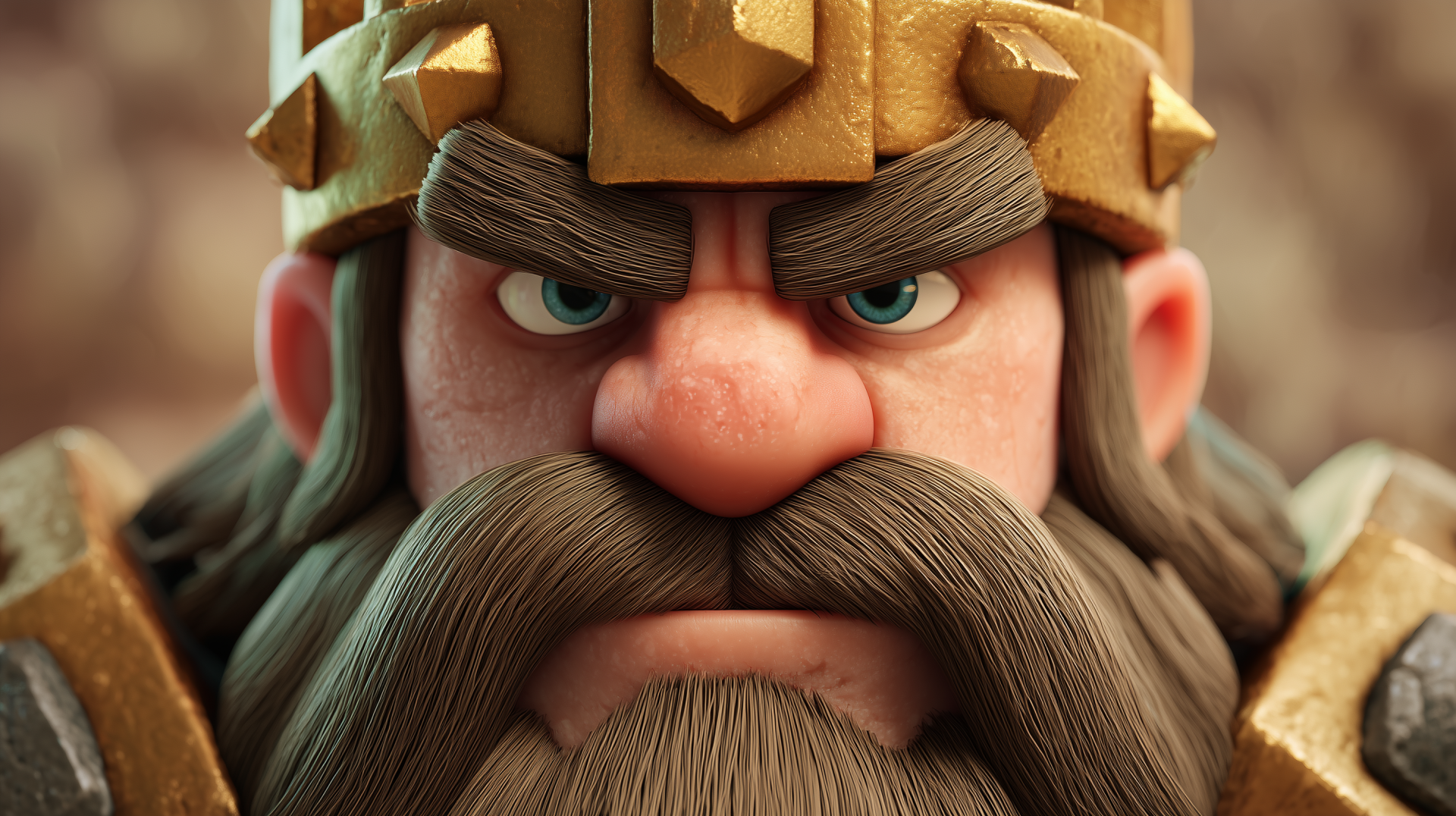 Close-up HD wallpaper of the Barbarian King (Clash of Clans) in Clash Royale mobile game style — crowned, bearded warrior with fierce blue eyes.